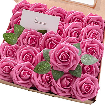 Artificial Flowers 50pcs Real Looking Hot Pink Foam Fake Roses with Stems for DIY Wedding Bouquets Baby Shower Centerpieces Floral Arrangements Party Tables Home Decorations (50 Count)