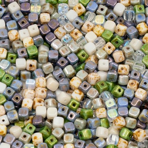 0.88oz (25g) Mix of Small Cute Cube Beads 4mm - Natural Luster Color Mix