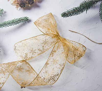 Organza with Gold Glitter Snowflakes Wired Ribbon 2.5 inch x 50 Yards for Christmas Home Decor Tree Topper Bow Gift Wrapping DIY Crafts Wreath Garland Wedding (150 Foot)