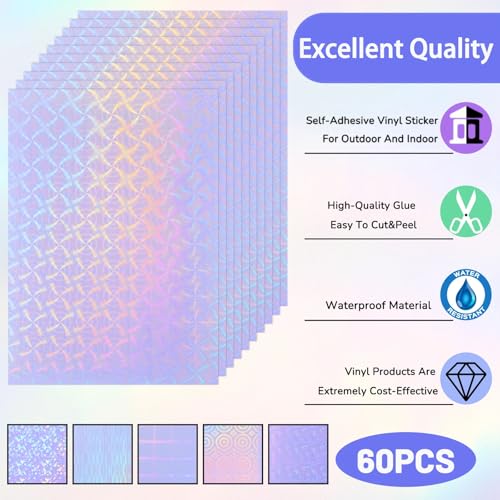 36 Sheets Holographic Sticker Paper A4 Vinyl Holographic Laminate Sheets Self Adhesive Waterproof Transparent Film (36 Count)