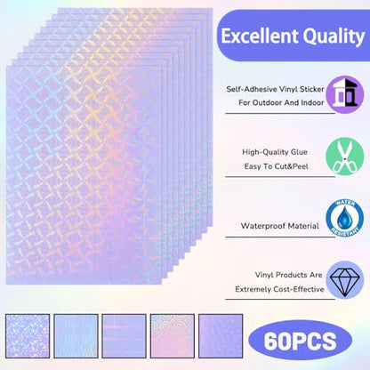 36 Sheets Holographic Sticker Paper A4 Vinyl Holographic Laminate Sheets Self Adhesive Waterproof Transparent Film (36 Count)