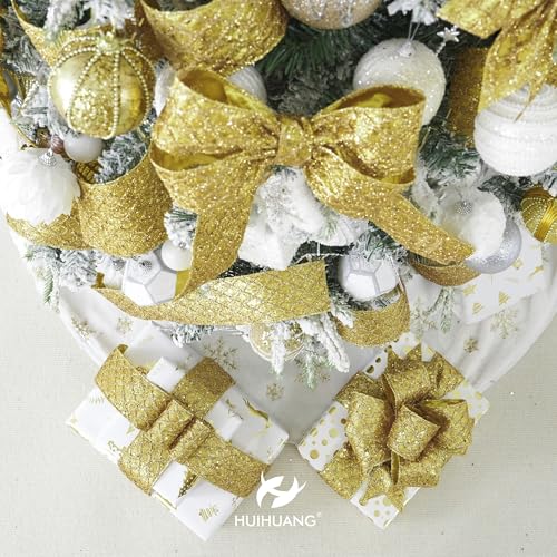 Gold Glitter Diamond Wired Christmas Ribbon 4 inch x 10 Yards (30 Foot)