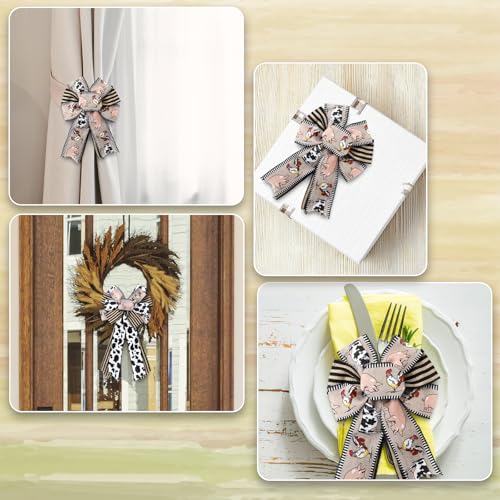 Farmhouse Animal Wired Edge Ribbons Cow Chick Pig Stripe Chicken Wire Decorative Fabric Wrapping Ribbons for DIY Crafts Wreath Bow Making Supplies (4 Count)