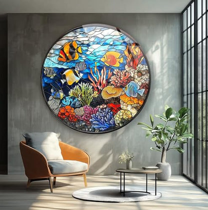 10''(25cm) Diameter Coral Reef Mosaic Round Glass Wall Art Tempered Glass Printing Wall Decor Large Wall Art Wall Hangings