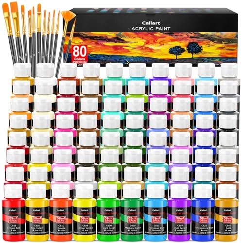 80 Colors Acrylic Paint Set with 12 Brushes (160 Fl Oz)