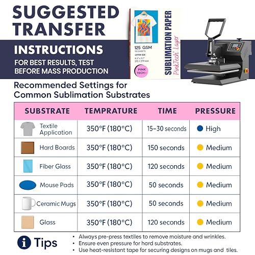 Hayes PinkTech Sublimation Paper 8.5x11 Inch 110 Sheets 125gsm for Inkjet Printer Epson Canon Sawgrass Heat Transfer Paper Works with Sublimation Ink for T (110 Count)
