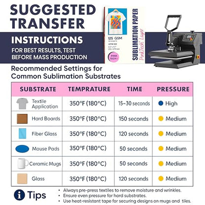 Hayes PinkTech Sublimation Paper 8.5x11 Inch 110 Sheets 125gsm for Inkjet Printer Epson Canon Sawgrass Heat Transfer Paper Works with Sublimation Ink for T (110 Count)