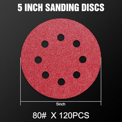 120 Pcs 5 inch Sanding Discs 80 Grit 8 Hole Hook and Loop (120 Count)