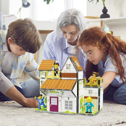 Magnet Tile Building Block Family Homestead Doll House Theme Playset 8 Character Action Figures Double Sided Magnetic Tiles Printing STEM Education Learning Kit Toy Set Kids Ages 3+ PTQ06 (5 Count)