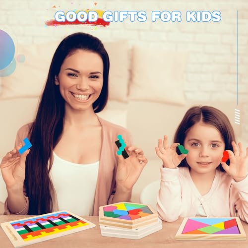 5 Pack Wooden Tangrams Puzzle Set Wooden Hexagon Puzzle Wood Russian Blocks Tangram Puzzle Brain Teaser Puzzles for Kids Adults 3D Logic Intelligence IQ Game Gift (5 Count)