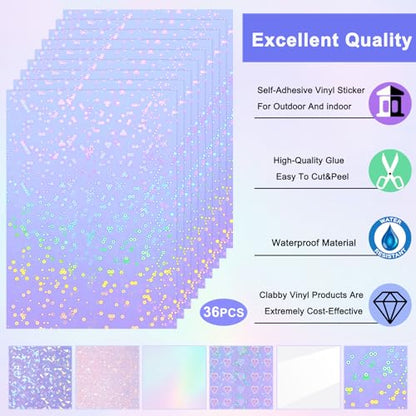 36 Sheets Holographic Sticker Paper A4 Vinyl Holographic Laminate Sheets Self Adhesive Waterproof Transparent Film (36 Count)