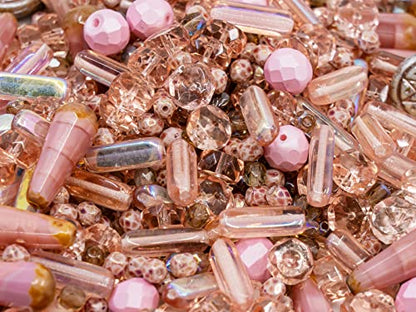 2.1oz (60 g) Mix of Unique Czech Bohemia Glass Pressed Beads, Dirty Pink Antique, Table Cut, Matte and Glossy, Faceted Fire Polish, Hand Made Set Kit BCV (2.1164 Ounce)