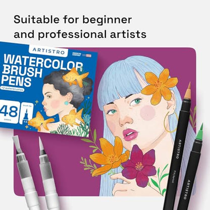 48 Watercolor Markers with Flexible Paint Brush Pens for Pros & Beginners (51 Count)