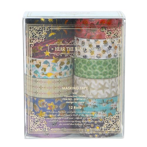 12 Rolls Charming Washi Tape Set Gold Silver Foil Detailing Arts Adhesive Tapes Basic Patterns Decorative Masking Tape Sets for Craft (12 Count)