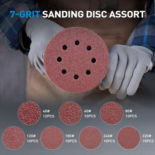 72 PCS 5 Inch 8 Hole Hook and Loop Adhesive Sanding Discs Sandpaper for Random Orbital Sander 40 60 80 120 180 240 320 Grits (72 Count)