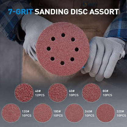 72 PCS 5 Inch 8 Hole Hook and Loop Adhesive Sanding Discs Sandpaper for Random Orbital Sander 40 60 80 120 180 240 320 Grits (72 Count)