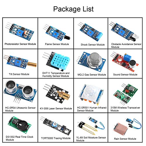 16 in 1 Project Super Starter Kits Sensor Modules Kit for Arduino Raspberry for UNO R3 Mega2560 Mega328 Nano Raspberry Pi 3 2 Model B K62 (16 Count)