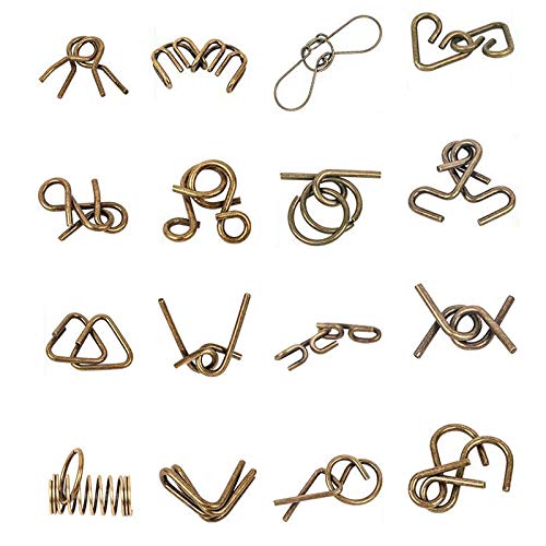Metal Wire Puzzles Set of 16 with Pouch Large Thick IQ Test Mind Games Toys Brain Teaser Puzzles Metal Wire Magic Trick Toy Metals IQ Puzzle Fidget Toys Party Favors for Kids Adults (16 Count)