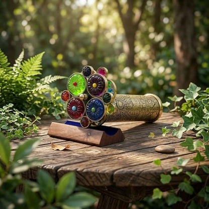 Handcrafted Etched Floral Pattern Lacquered Brass Kaleidoscope Includes Two Separate Turning Wheels