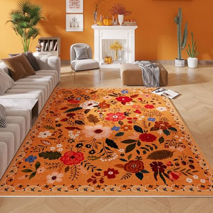 Living Room Rug 6x9 Rug Machine Washable Boho Area Rug Non Slip Floral Vintage Low Pile Large Rug for Living Room