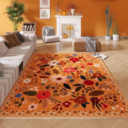 Living Room Rug 6x9 Rug Machine Washable Boho Area Rug Non Slip Floral Vintage Low Pile Large Rug for Living Room