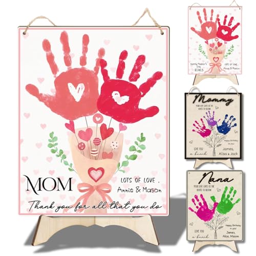 Mom Pink Floral Bouquet DIY Baby Handprints Art Craft Handprint Making Sign