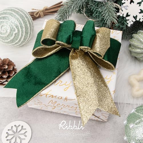 Forest Green Velvet Wired Ribbon 2.5 Inch Green Velvet with Gold Glitter Christmas Ribbon for Christmas Tree Decoration Big Bow Gift Wrapping Crafts Wreaths Supplies (30 Foot)