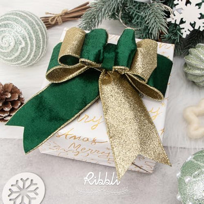 Forest Green Velvet Wired Ribbon 2.5 Inch Green Velvet with Gold Glitter Christmas Ribbon for Christmas Tree Decoration Big Bow Gift Wrapping Crafts Wreaths Supplies (30 Foot)