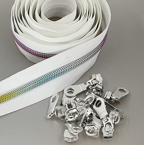 5 Metallic Nylon Coil Zippers by The Yard Colorful Teeth Zipper Bulk 10 Yards White Tape with 25pcs Silver Sliders for DIY Sewing Tailor Craft Bag