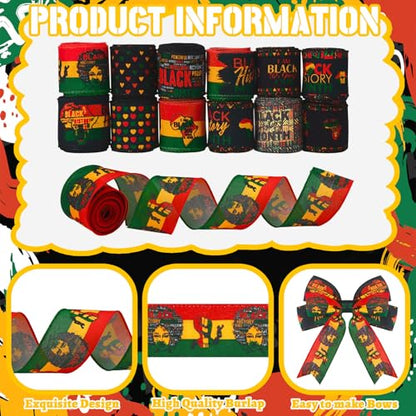 12 Rolls Black History Month Ribbons 2 Inch x 60 Yards Wired Edge Fabric Ribbons Craft Assortment Black History Month Themed Pattern Wrapping Crafts for DIY Gift Hair Sewing Wreath 12 Styles (12 Count)