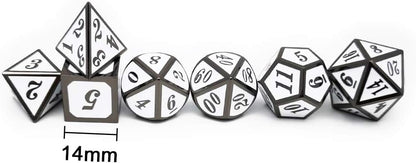 Haxtec 7 Die DND Metal Dice Set D&D 7PCS DND Dice of D20 D12 D10 D8 D6 D4 Compatible with Dungeons and Dragons RPG Games-Glossy Enamel Dice (Black White)