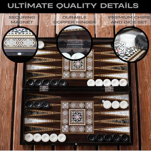 Park&Oz Pearl Premium Turkish Backgammon and Checkers Set 19 Inch Handmade 2 in 1 Wooden Board Game with Glossy Finish Luxury Checkers and Dice Travel Friendly and Foldable