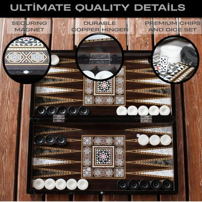 Park&Oz Pearl Premium Turkish Backgammon and Checkers Set 19 Inch Handmade 2 in 1 Wooden Board Game with Glossy Finish Luxury Checkers and Dice Travel Friendly and Foldable