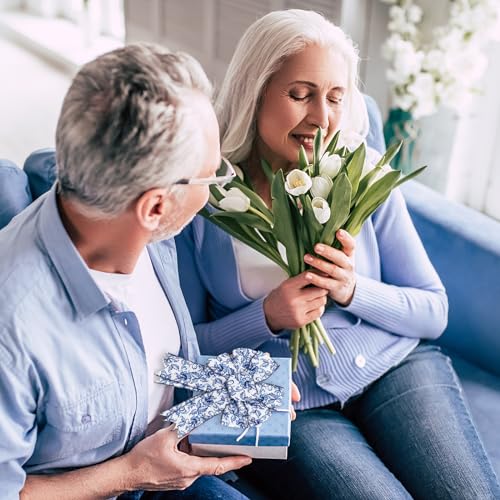 Blue White Floral Wired Edge Ribbon Roll Vintage Watercolor Flower Craft Ribbon Chinoiserie Fabric Ribbons for Wreath Bow Making DIY Craft Wrapping Party Supplies