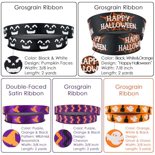 3 8 inch 1 inch Halloween Ribbon Set Spooky October Ribbon Assortment 5 Rolls 10 Yards Halloween Crafts (30 Foot)