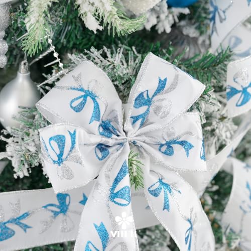 Blue and Silver Christmas Ribbon 2.5 Inch White Satin Ribbons with Turqupise and Silver Glittery Bows Pattern 10 Yards Christmas Wired Ribbon for Tree (30 Foot)