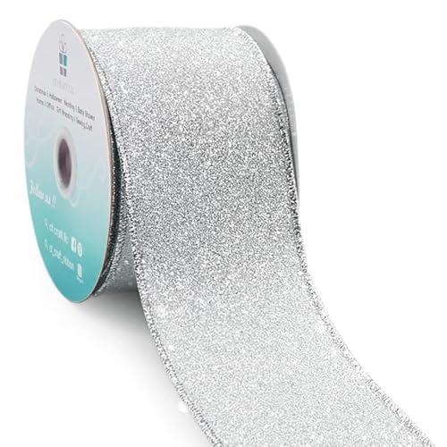 Glitter Wired Ribbon 2.5" x 10 Yards Silver for Christmas Home Decor Bow Gift Wrapping DIY Crafts Wreath (30 Foot)