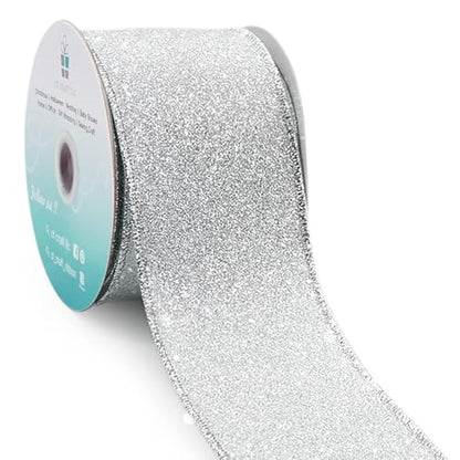 Glitter Wired Ribbon 2.5" x 10 Yards Silver for Christmas Home Decor Bow Gift Wrapping DIY Crafts Wreath (30 Foot)
