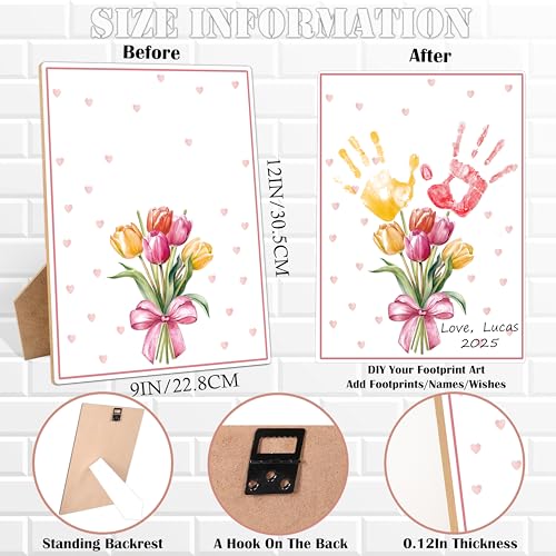 Pink Flower Handprint Keepsake Making Wooden Sign with Stand 9x12