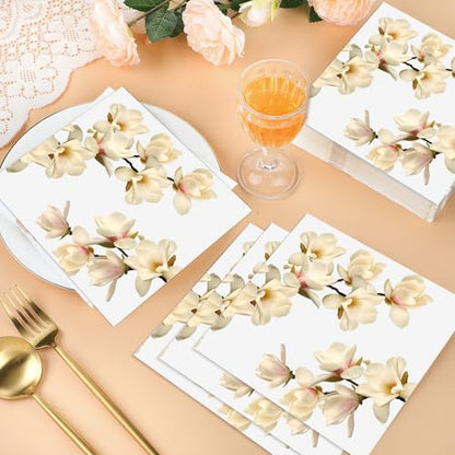 60 Pcs White Magnolia Floral Cocktail Paper Napkins 6.5 x 6.5 Inch (60 Count)