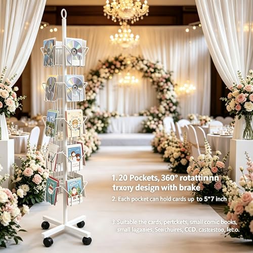 White Greeting Card Display Rack Rotating Flyer Stand 20 Pocket