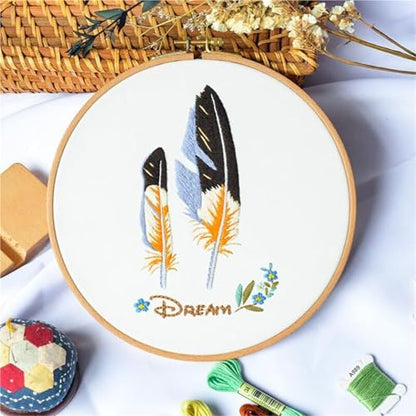 Embroidery Starter Kit Stamped with Pattern Feather Dream with Base and Hoops Cloth Color Threads DIY Cross Stitch Needlework Home Decor Crafts for Adults