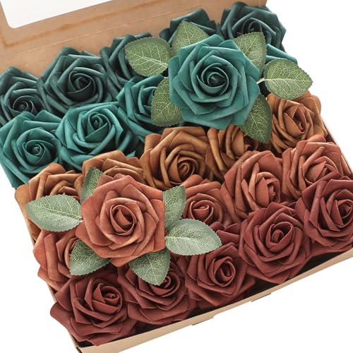 Artificial Flowers 25pcs Real Looking Teal Green Terracotta Ombre Colors Foam Fake Roses with Stems for DIY Wedding Bouquets Bridal Shower Centerpieces Floral Arrangements Tables Decoration (25 Count)