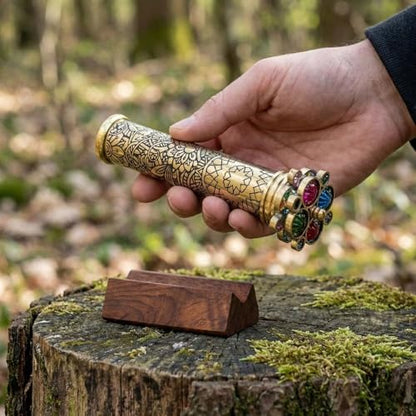 Handcrafted Etched Floral Pattern Lacquered Brass Kaleidoscope Includes Two Separate Turning Wheels
