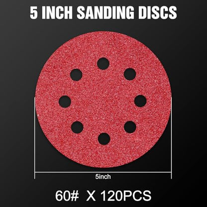 120 Pcs 5 inch Sanding Discs 60 Grit 8 Hole Hook and Loop (120 Count)