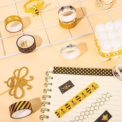 12 Rolls Bee Washi Tape Summer Honey Bee Honeycomb Foil Gold Black Washi Masking Tape Bumblebee Daisy Dots Adhesive Masking Tapes for Scrapbook Gift Wrapping DIY Art Crafts (118.1 Foot)
