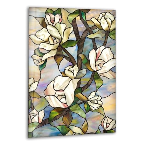 Round 24'' Stained Magnolia Glass Wall Art Tempered Glass Printing Wall Decor Large Wall Art Wall Hangings