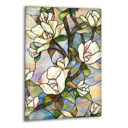 Round 24'' Stained Magnolia Glass Wall Art Tempered Glass Printing Wall Decor Large Wall Art Wall Hangings