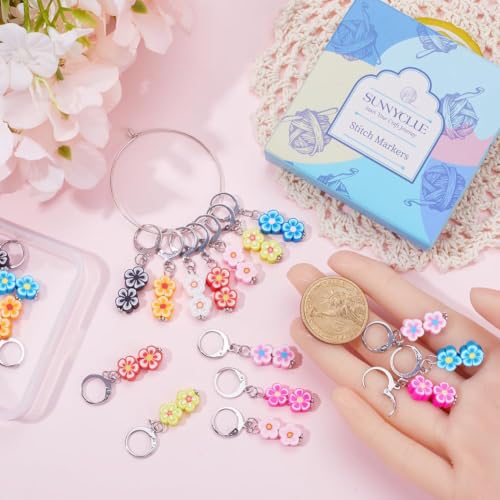 1 Box 20Pcs Knitting Stitch Markers Polymer Clay Flower Beads Cute Charms Removable Locking Crochet Marker Clip on Crocheting Charms for Sewing Weaving Knitting Yarns DIY Craft Supplies (20 Count)