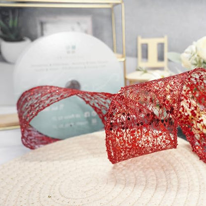 Sparkling Glitter Mesh Wired Ribbon 2.5" x 20 Yards Red for Christmas Home Decor Bow Gift Wrapping DIY Crafts Wreath (60 Foot)